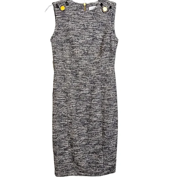 Nwot Calvin Klein Blk/White Knit w/Shoulder Cutout /Gold Sleeveless Sheath  Dress
